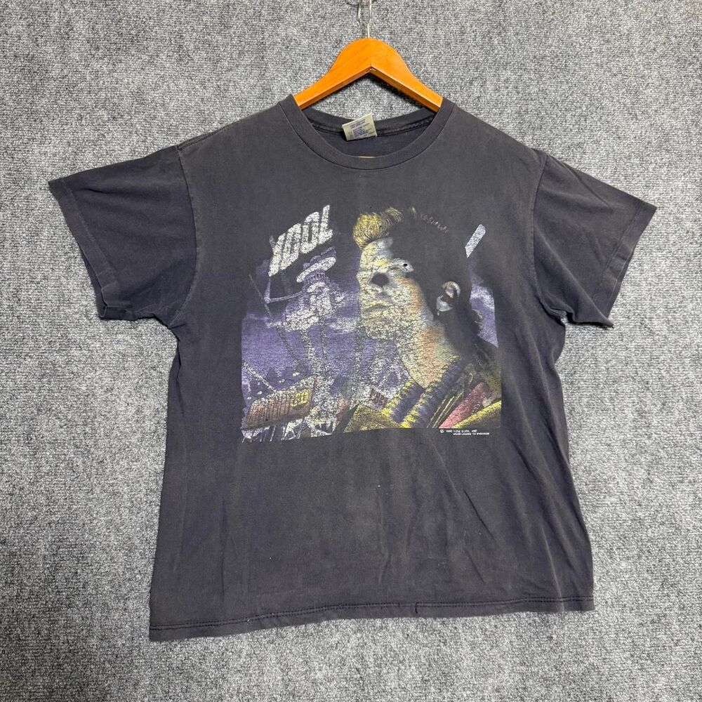 Vintage Billy Idol T-Shirt Size L Black 1990 Charmed Life World Tour Brockum